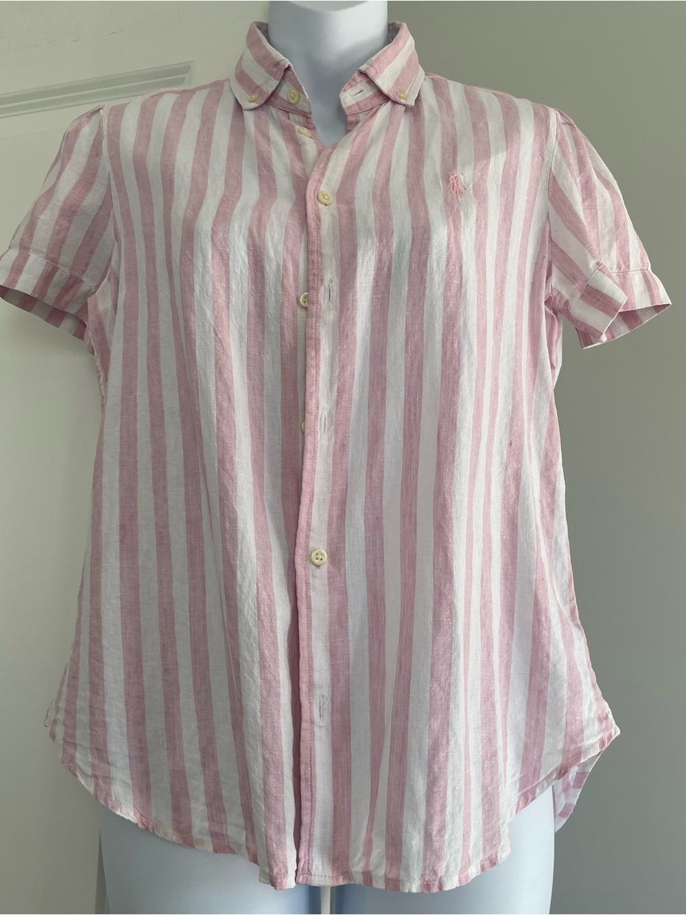 Preppy Ralph Lauren Pink & White Vertical Stripe Linen Button-Up Shirt